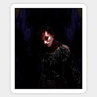 Beautiful girl. Dark sci-fi, fantasy. So cool. Red and gray, blue. Dark. Sticker